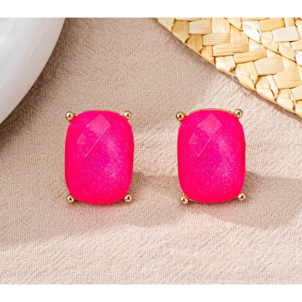 Gold-Setting Hot Pink Cushion Stud Earrings